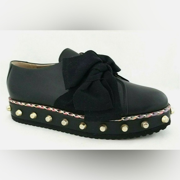 MADE IN ITALY AGLWhite Flats with Black Bow and  Platform Sole - Picture 1 of 5